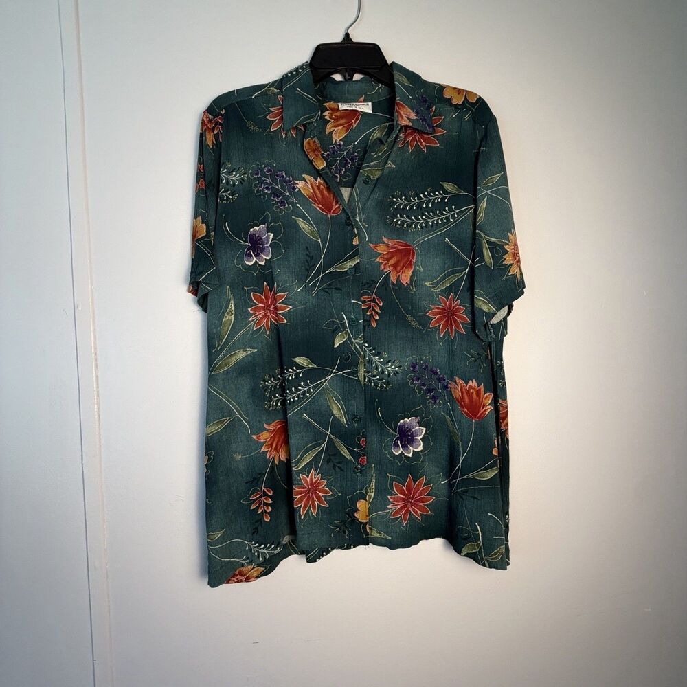 Vintage Alfred Dunner Shirt Women 16W Green Teal Floral Vibrant Short Sleeve 90s - Picture 2 of 8